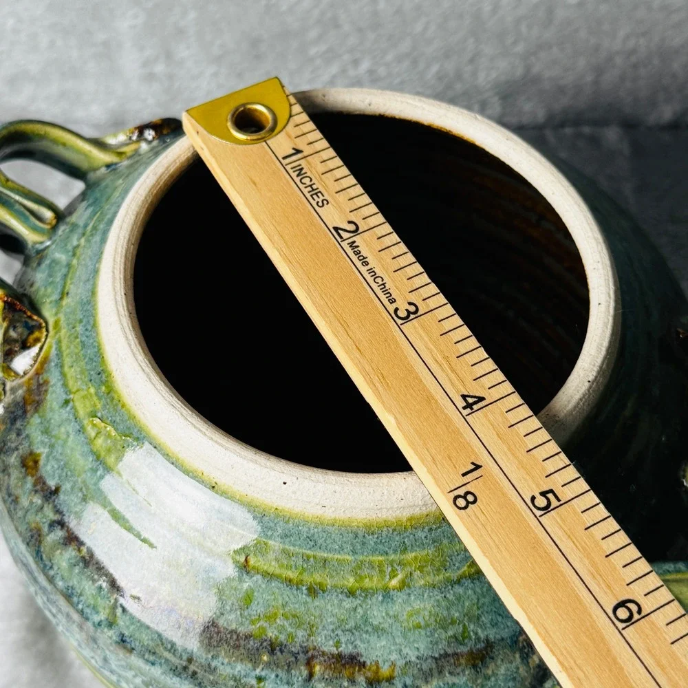 Studio Pottery Lidded Canister Green Brown Glaze Rustic Stoneware Crock Tureen